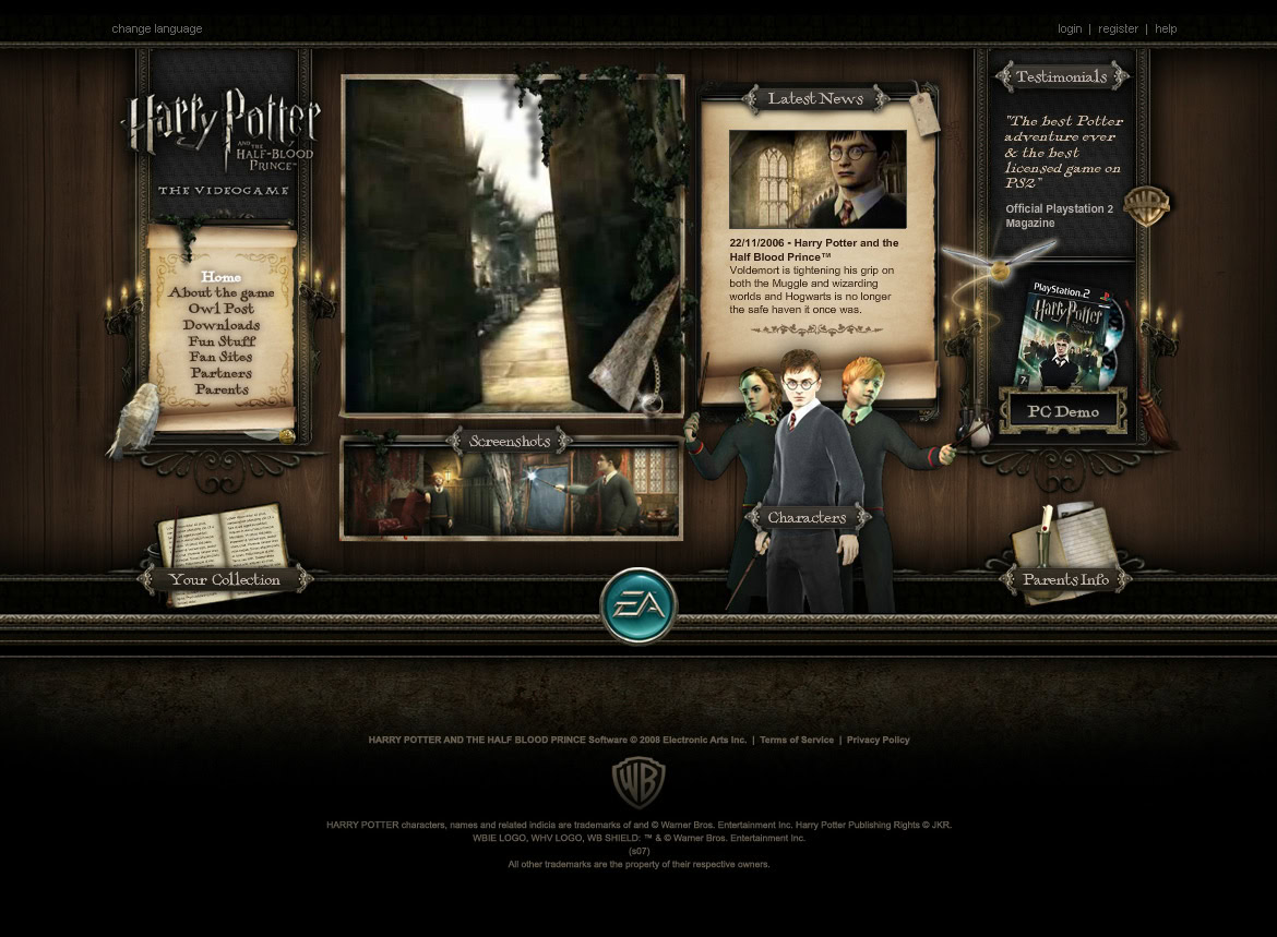 A dark-themed Harry Potter-themed website interface featuring news, characters, screenshots, and navigation options.