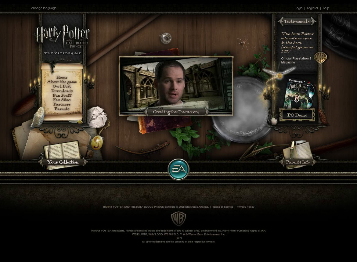 A person speaking on a Harry Potter-themed website interface with various menu options and a central video screen.