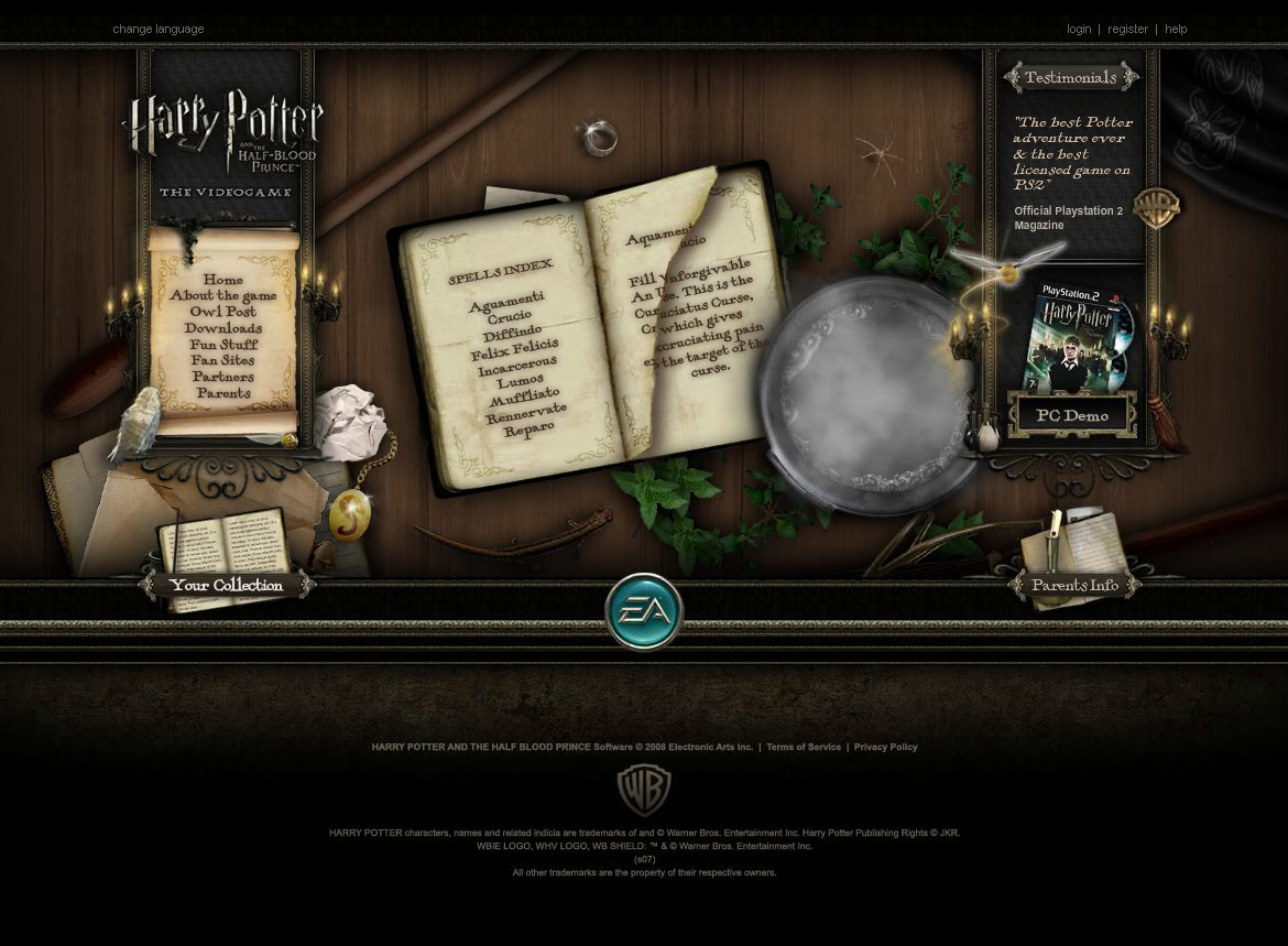 A desktop screen displaying Harry Potter-themed digital content, including books, a potion, and a mobile device with game information.