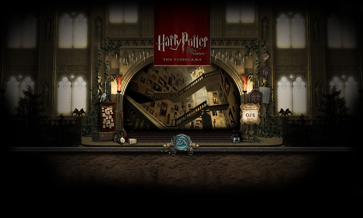 A Harry Potter themed stage with a large mirror, banners, and decorative elements in a castle-like setting.
