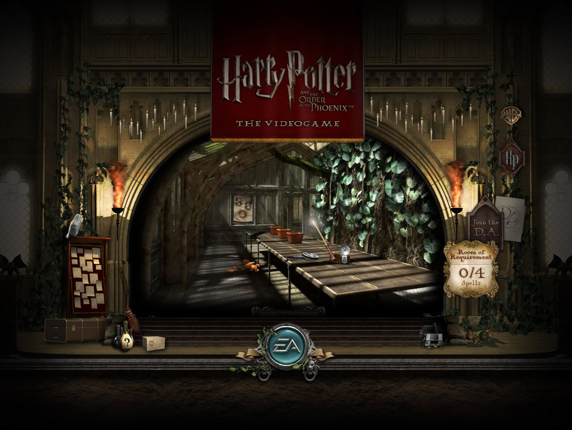 A Harry Potter themed stage set with a large archway, greenery, and various props for a video game presentation.