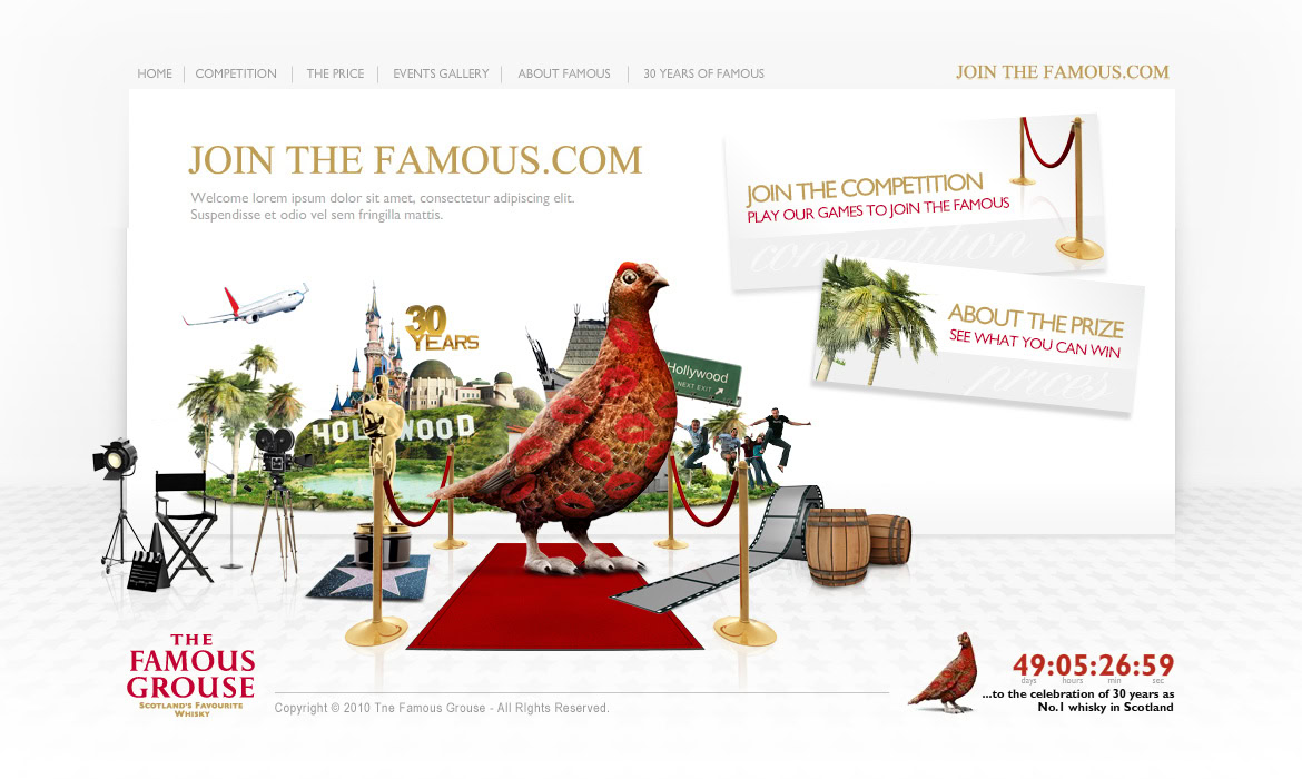 A colourful scene with a large turkey statue, palm trees, a red carpet, and various travel-themed decorations.
