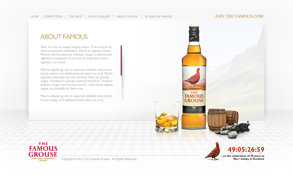 A bottle of Famous Grouse whisky with a glass, a small barrel, and a bird on a white background.