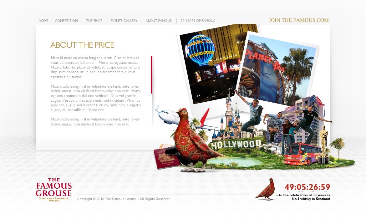 A colourful collage of famous landmarks, entertainment scenes, and a red bird on a grassy area.