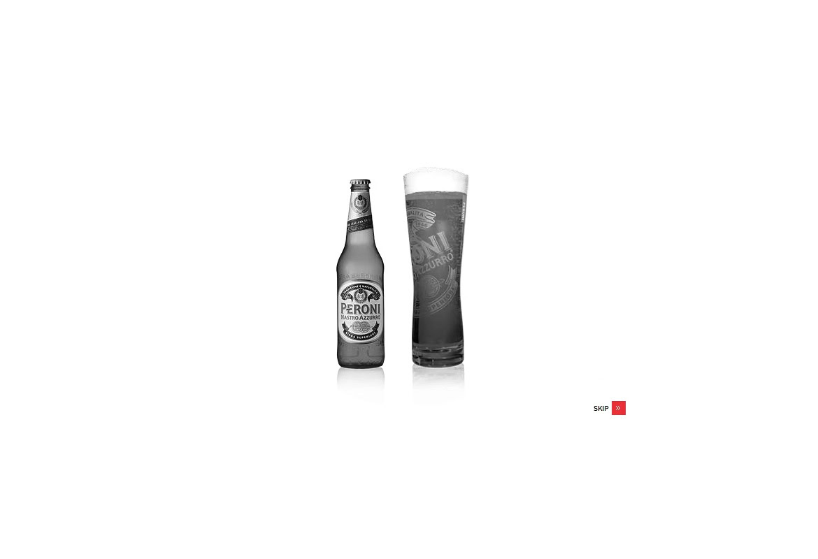 Peroni beer bottle and glass filled with dark beer on a white background.