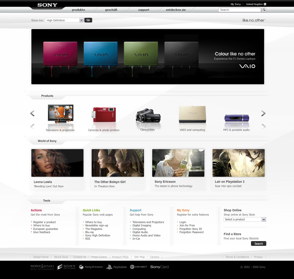 Sony website homepage displaying various electronic products including laptops, cameras, and audio devices with promotional banners.