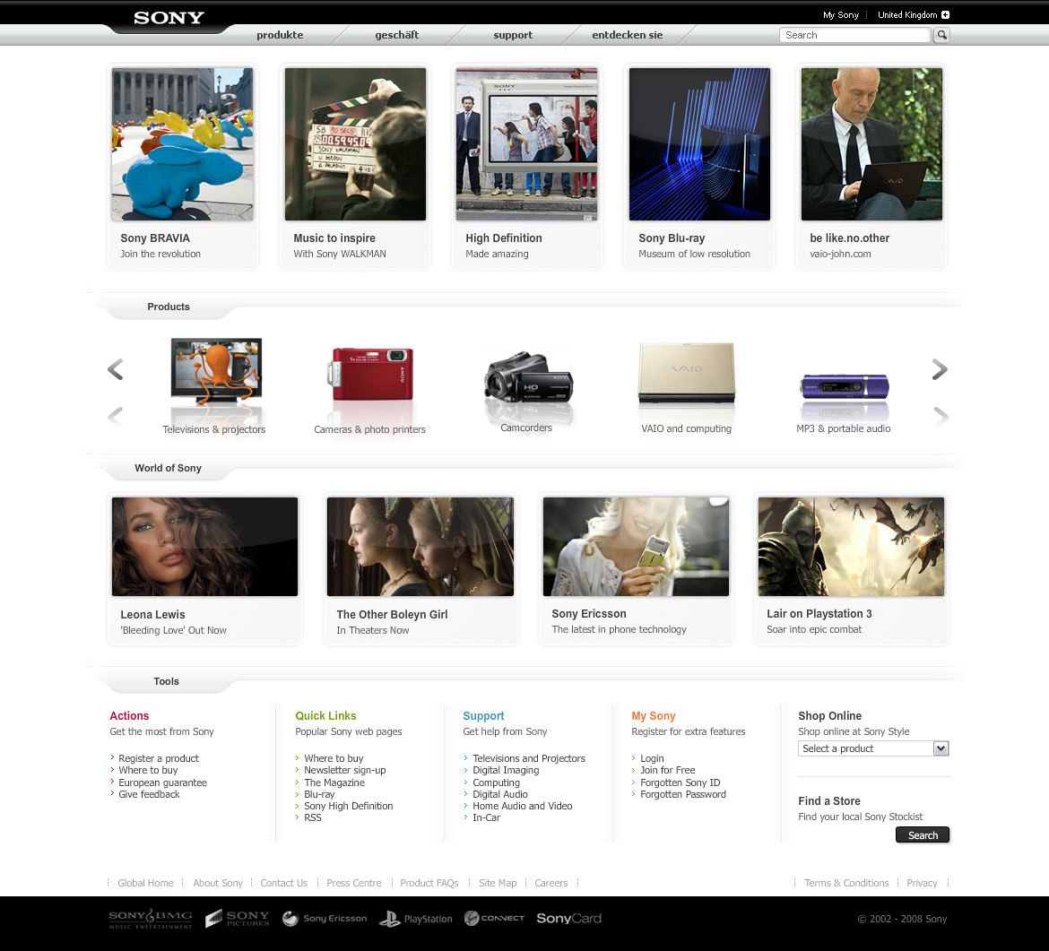 Sony products displayed on a website homepage, including TVs, cameras, and audio devices, with some models shown in use or on display.