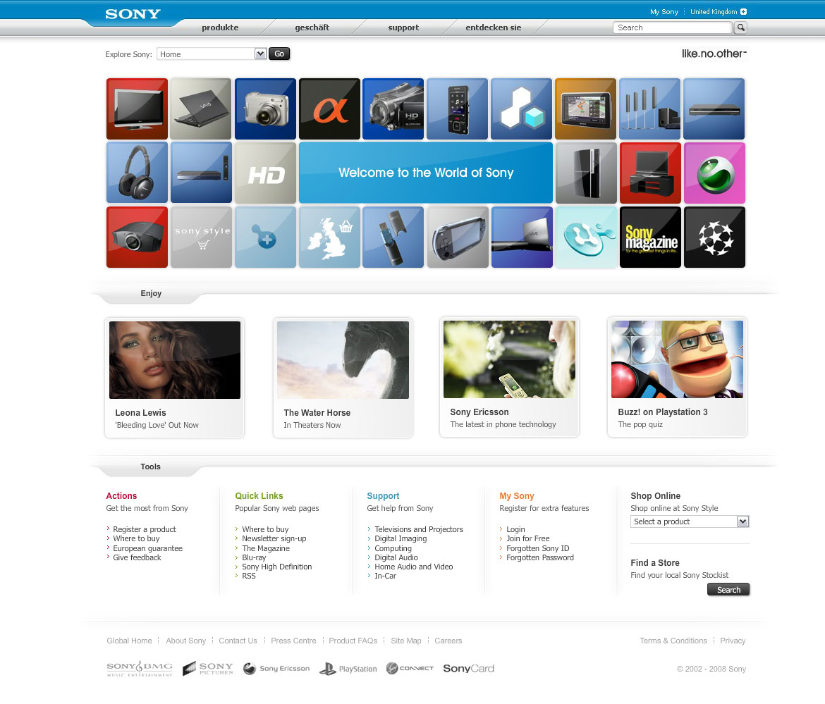Sony website homepage displaying various electronic products, including cameras, smartphones, and accessories, with a blue and white theme.