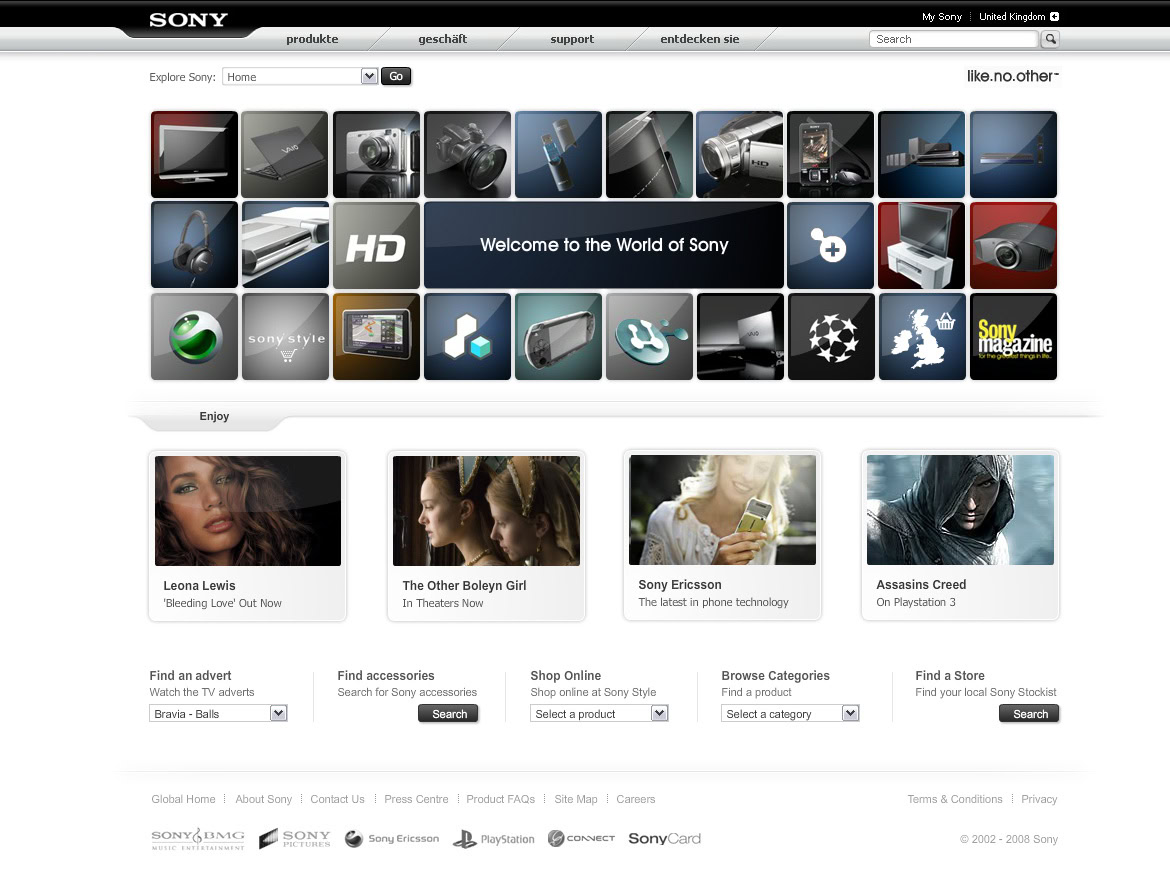 Sony homepage with navigation menu, product images, and featured content sections.