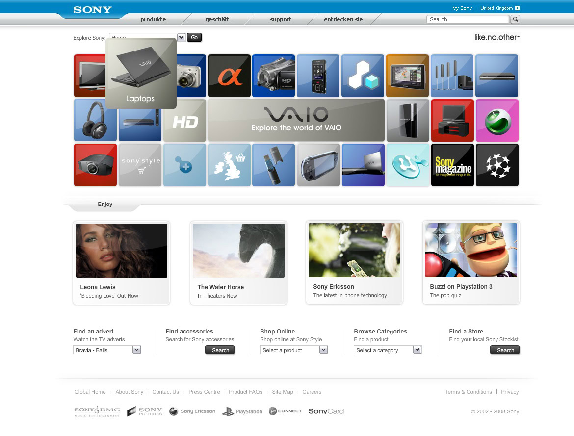 A variety of Sony electronic products including laptops, cameras, smartphones, and accessories displayed on a website homepage.