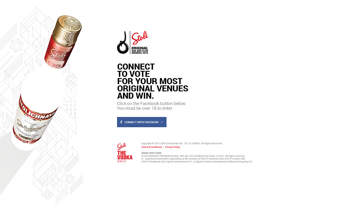 Stoli vodka bottles and a logo with text encouraging voting for original venues and winning.