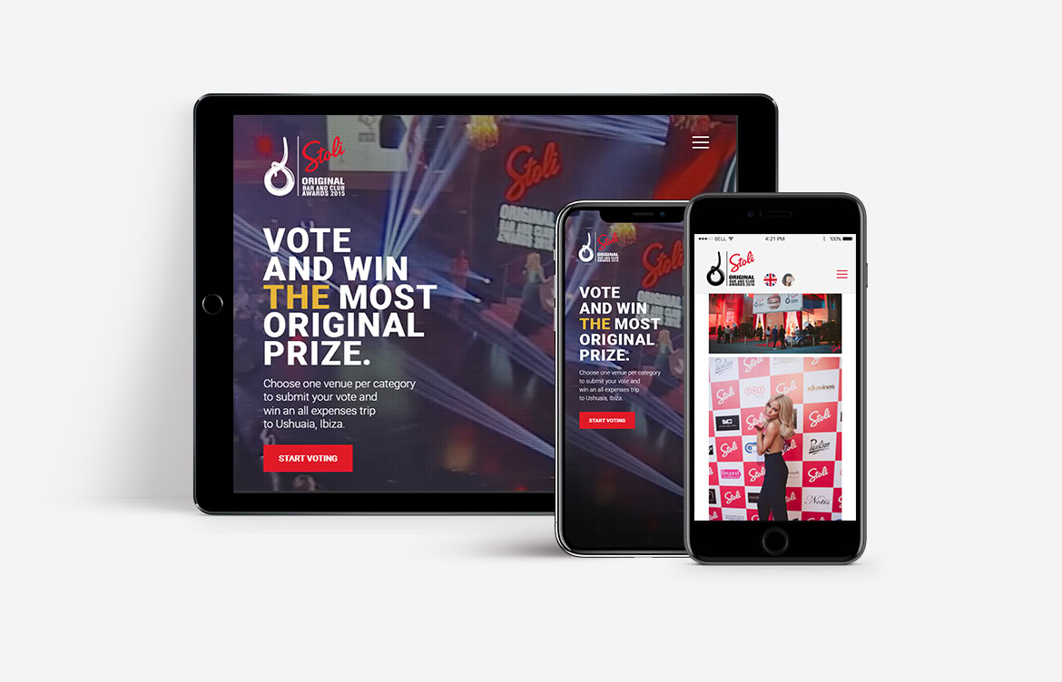 Vote and win promotional website displayed on a tablet and smartphone, featuring a colourful background and promotional text.