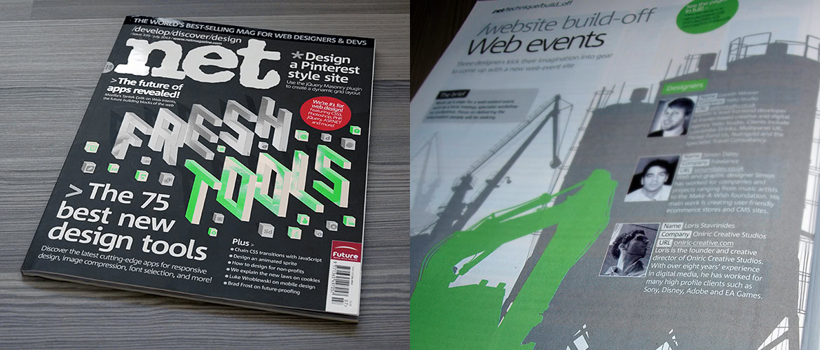 A magazine and a brochure featuring web design and development content, including articles and images.