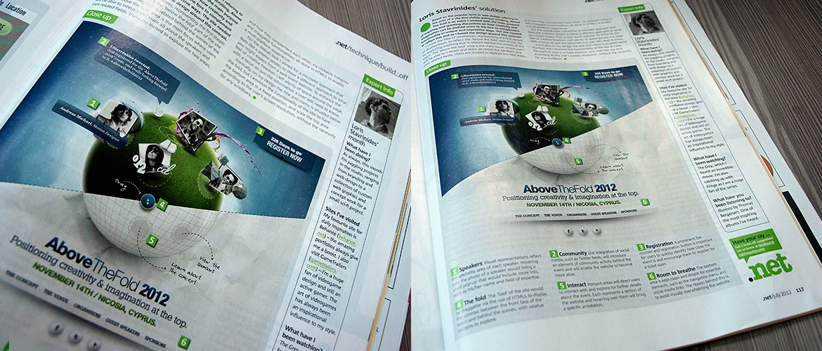 A magazine open to a double-page spread featuring a digital illustration of a globe with various technology icons and text.
