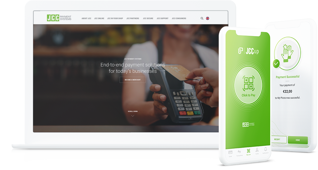 End-to-end payment solution displayed on a laptop and mobile device, showing payment processing and successful transaction screens.