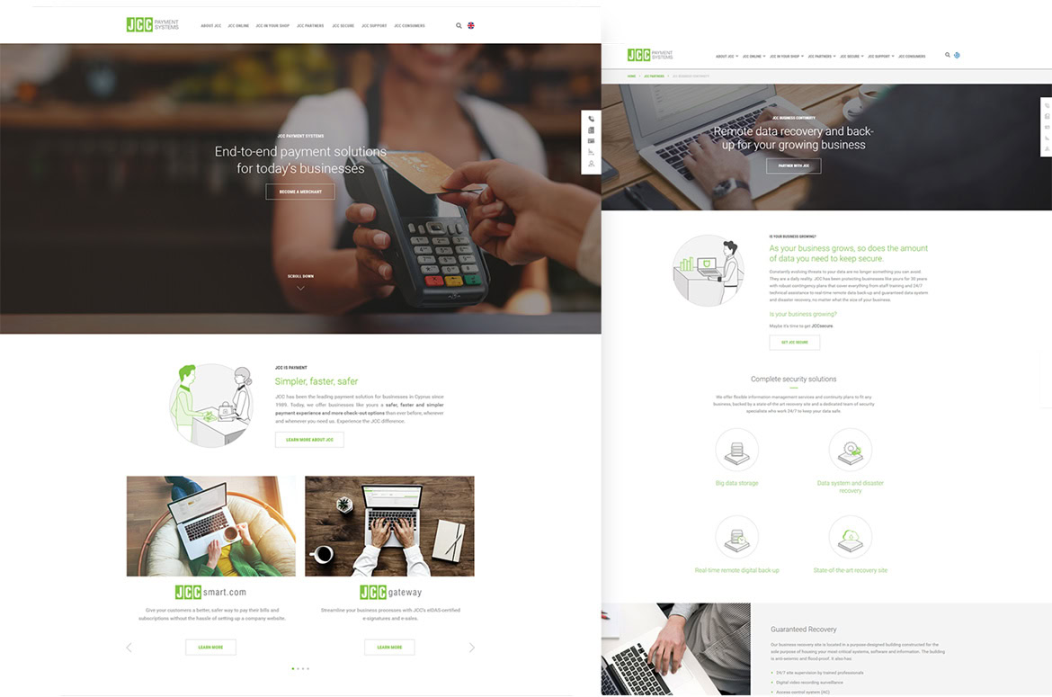 End-to-end payment solutions displayed on a website, showing a person using a card payment terminal and various digital devices.
