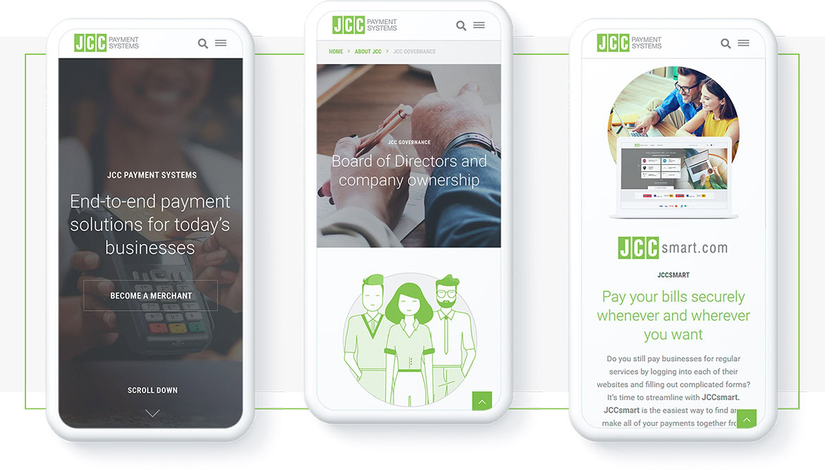 End-to-end payment solutions app screens showing business, board of directors, and billing features on mobile devices.