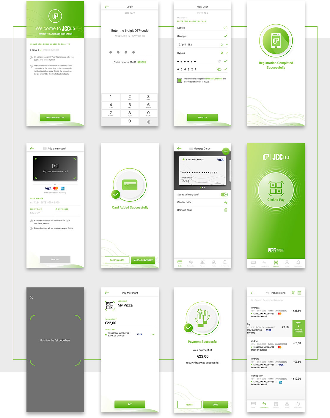Welcome to JCC app screens showing registration, login, payment, and transaction confirmation processes.