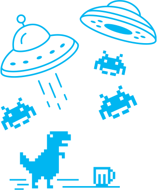 UFOs and pixelated aliens from a retro video game scene.