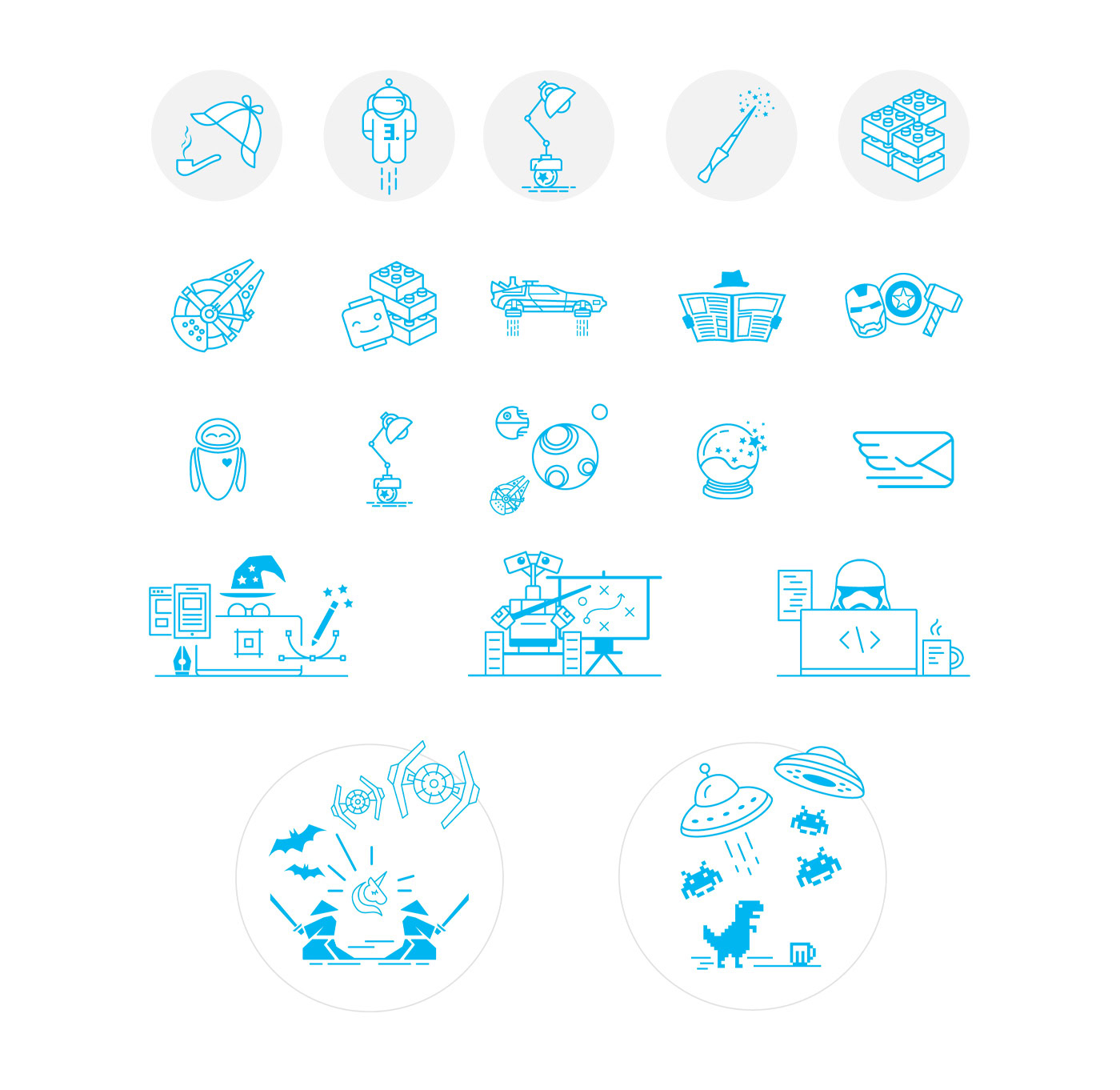 A robot working on a construction site, a person in a spacesuit, and various science and technology icons.