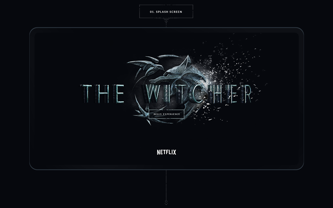 The Witcher Netflix splash screen featuring a wolf's head with water effects and the title text.