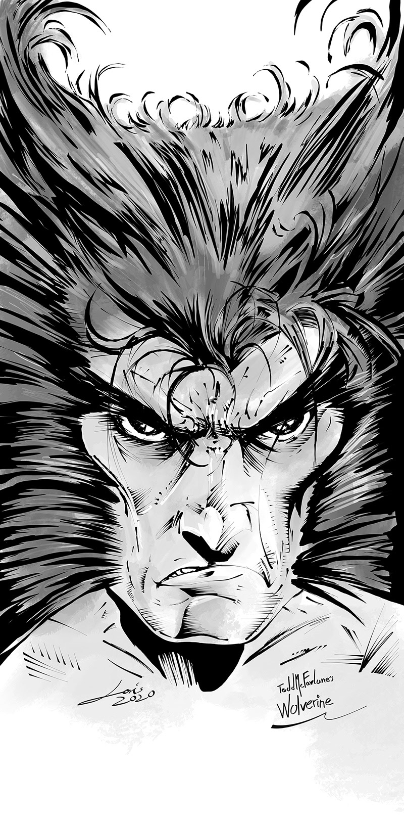 A fierce comic-style illustration of Wolverine with intense eyes and wild hair, drawn in black and white.