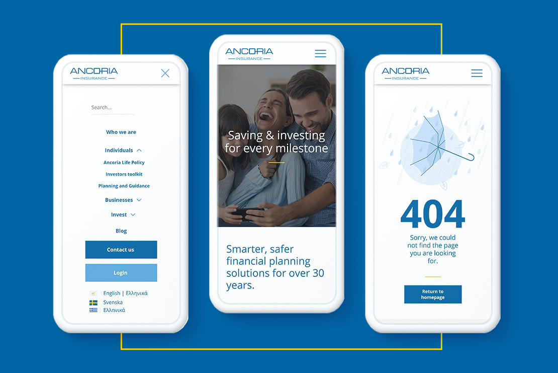 A group of three mobile phone screens displaying a financial planning website, including a homepage, a content page, and a 404 error page.