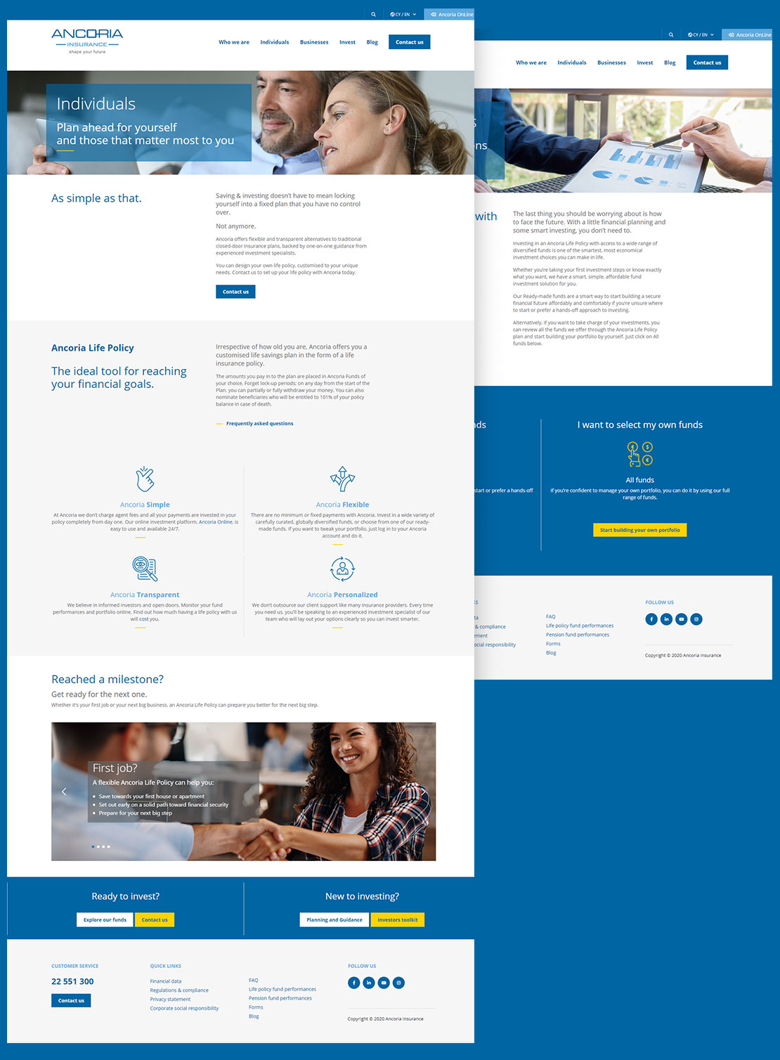 A professional financial planning website homepage featuring sections for individual financial goals, services, milestones, and investment options, with images of people and digital devices.