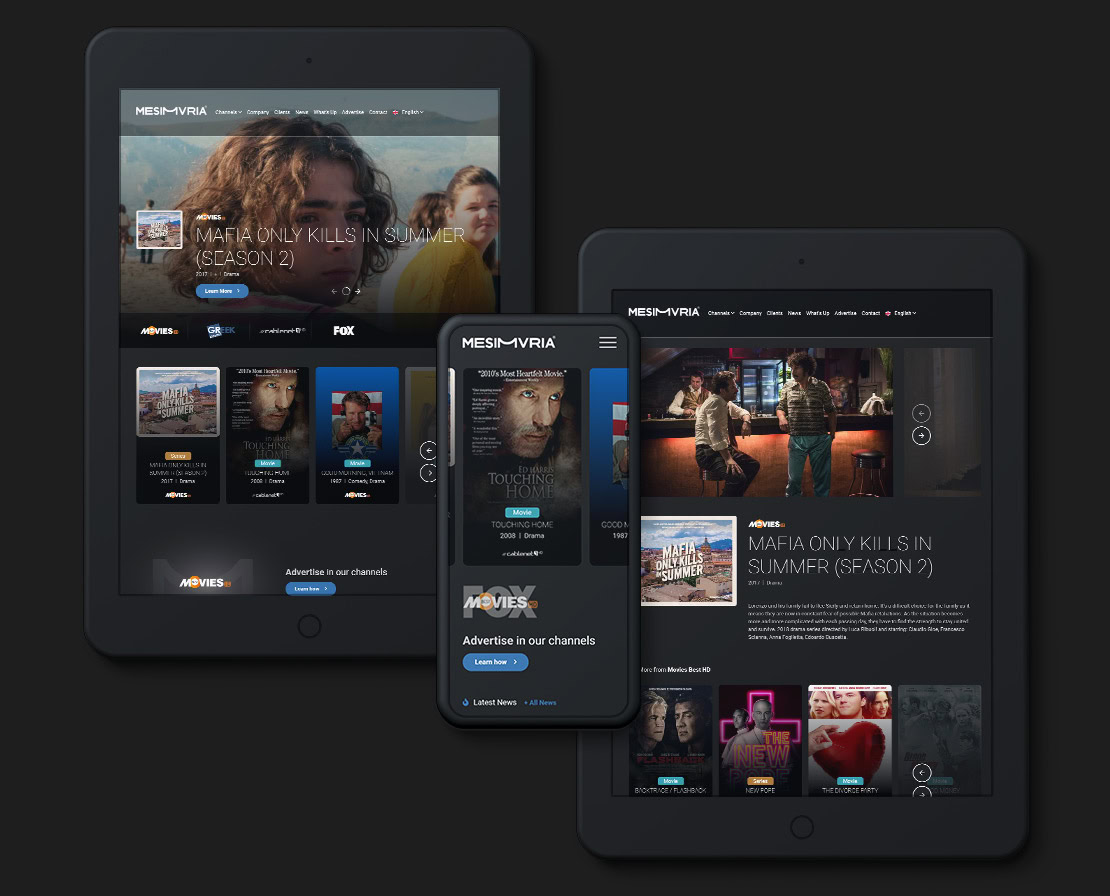 A tablet and smartphone displaying the Mesyvria streaming service with various TV show thumbnails and a dark-themed interface.