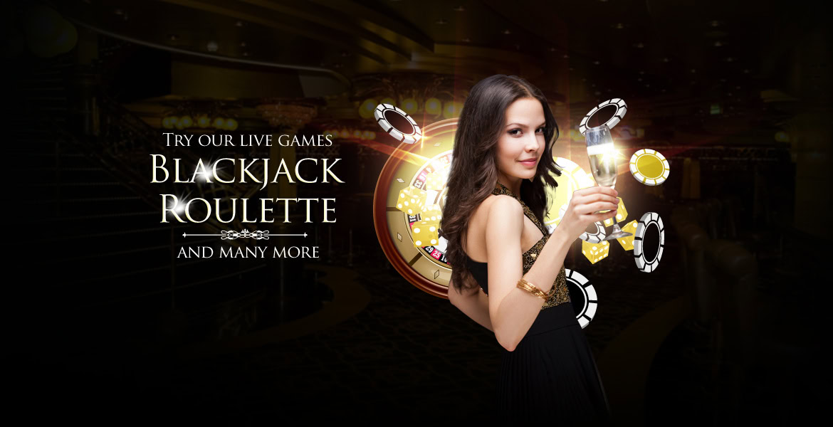 Experience a woman holding a glass in front of a roulette wheel with casino chips and promotional text.