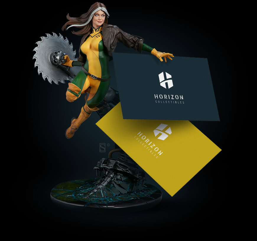 A woman in a superhero costume holding a large saw and two Horizon Collectibles cards, standing on a circular base.