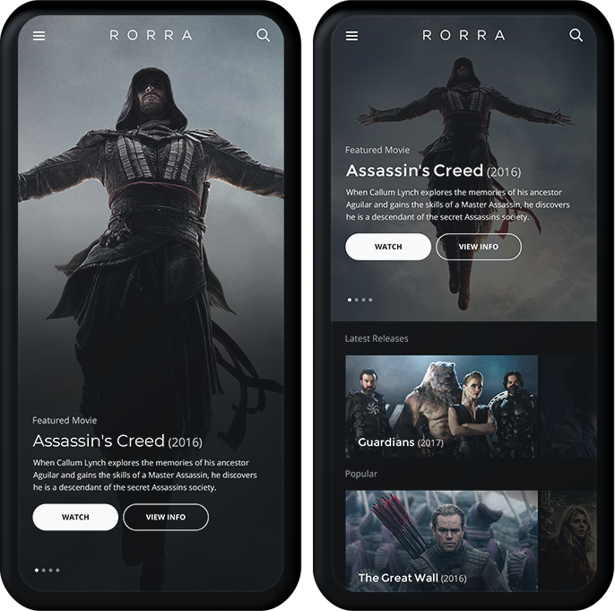 A dark-themed mobile app interface displaying a character from Assassin's Creed with options to watch or view info.