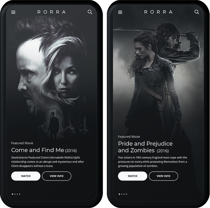 A dark-themed mobile app interface displaying movie titles 