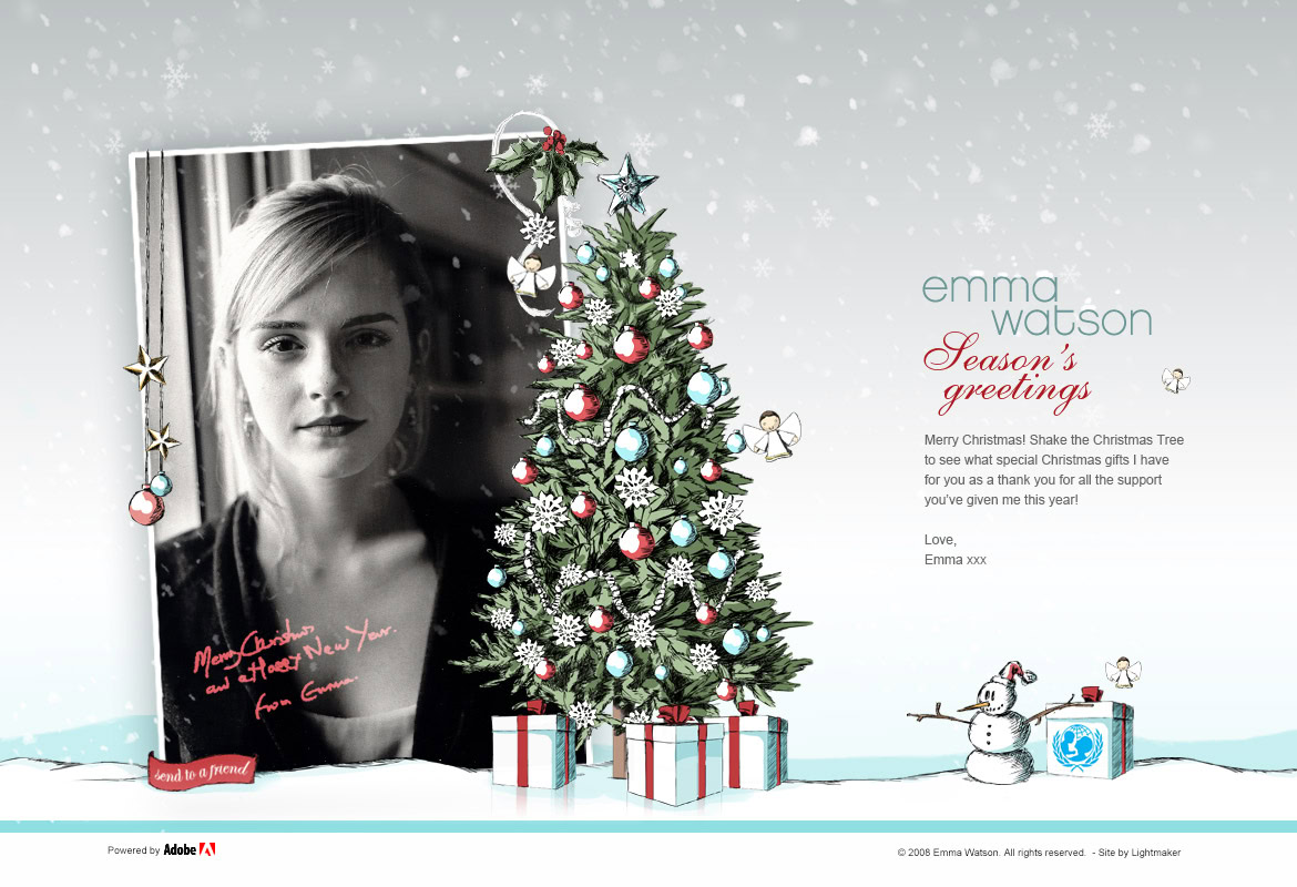 A Christmas card featuring a black-and-white portrait of Emma Watson, a decorated Christmas tree, and wrapped presents.