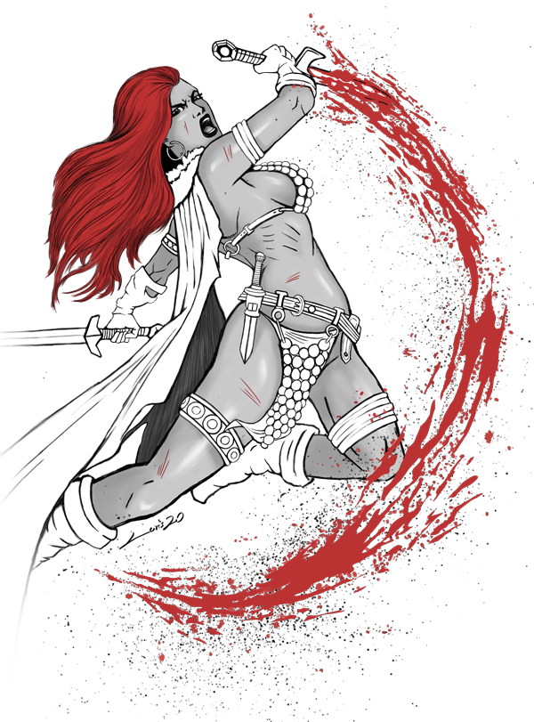 A fierce warrior woman with long red hair, wielding a sword and surrounded by a red swirling energy.