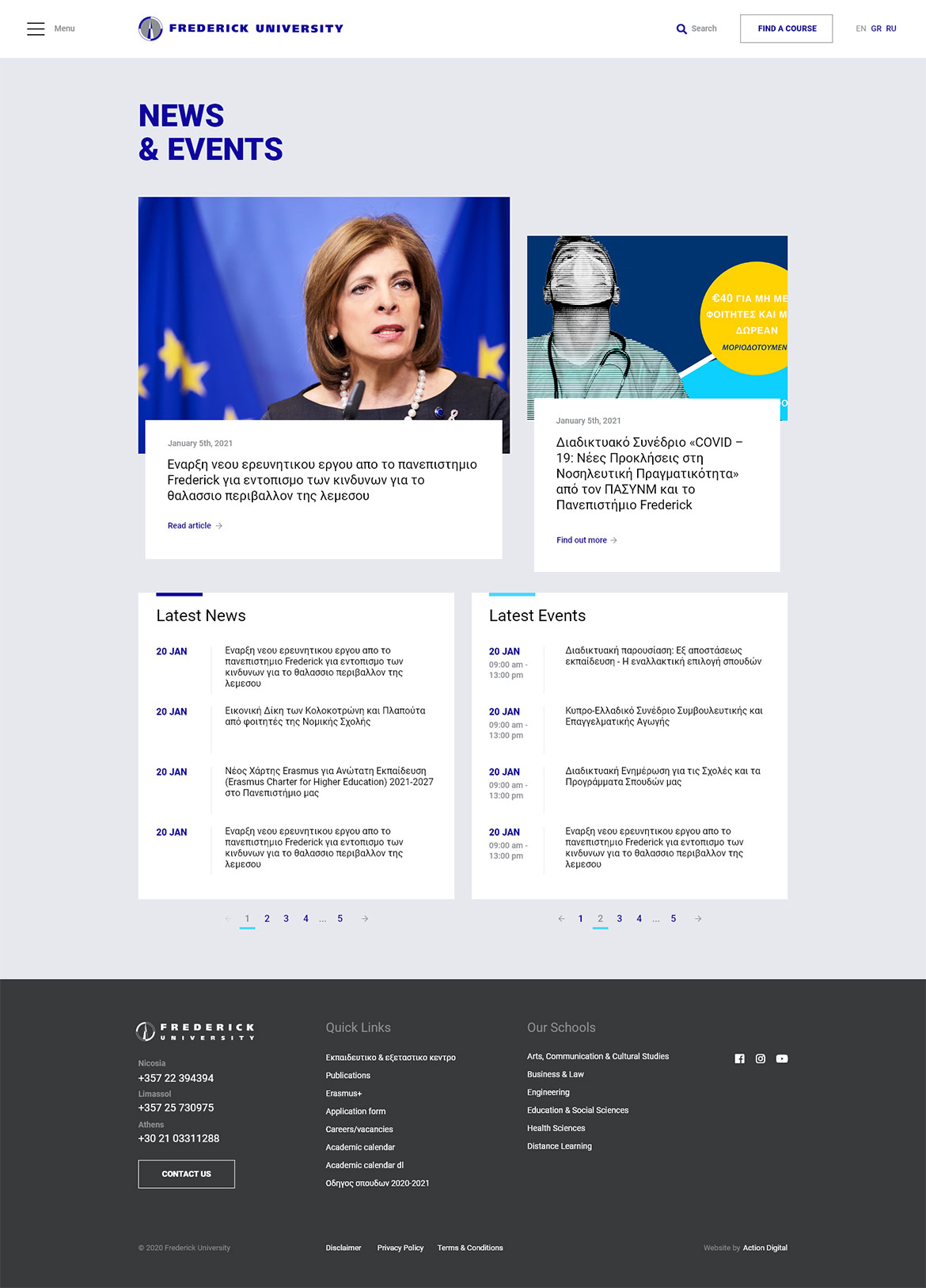 European woman with short brown hair speaking at a news and events webpage, with a blue background and European Union flag.
