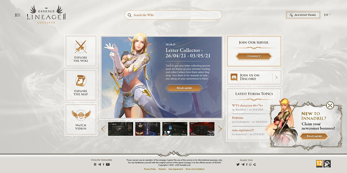 A fantasy-themed website homepage featuring a female character in armor, navigation menu, search bar, and forum topics section.