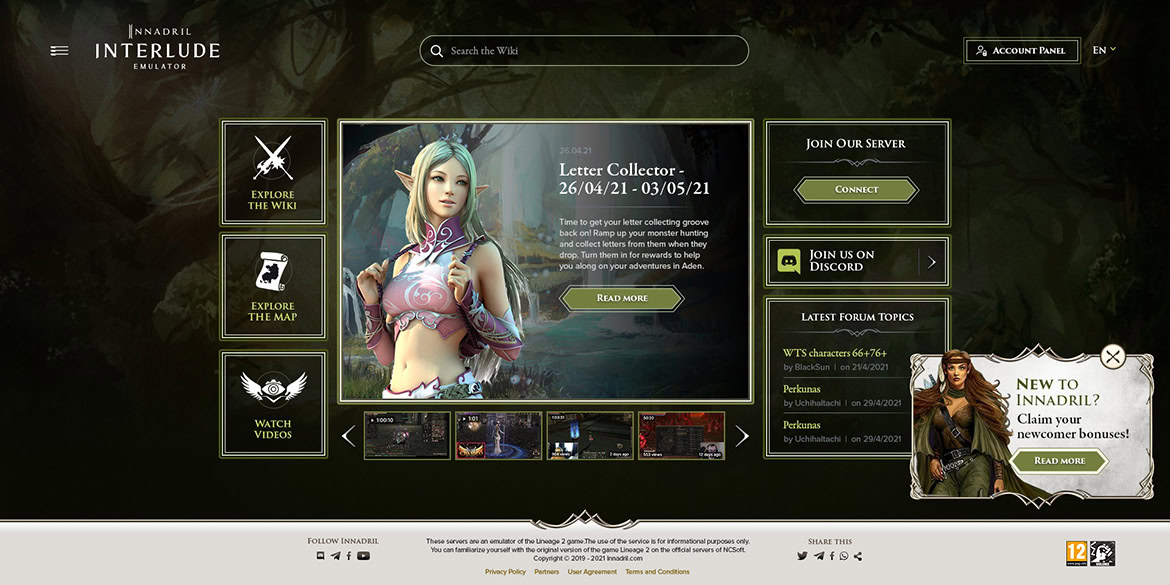A fantasy-themed website homepage featuring a female character, navigation menu, login options, and latest forum topics.