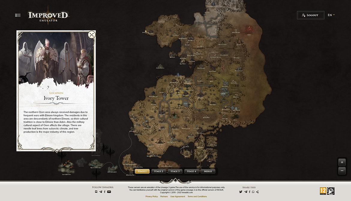 The image shows a detailed fantasy game map with various regions, icons, and a pop-up window describing Ivory Tower location.