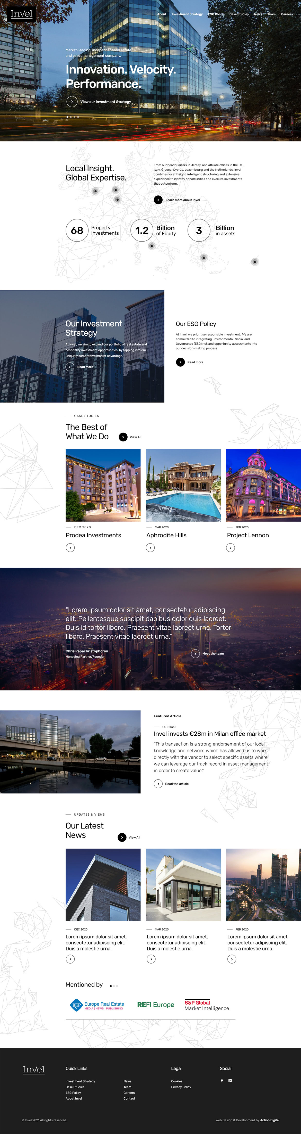 Innovative technology and performance-focused solutions showcased on a website with images of buildings and cityscapes.