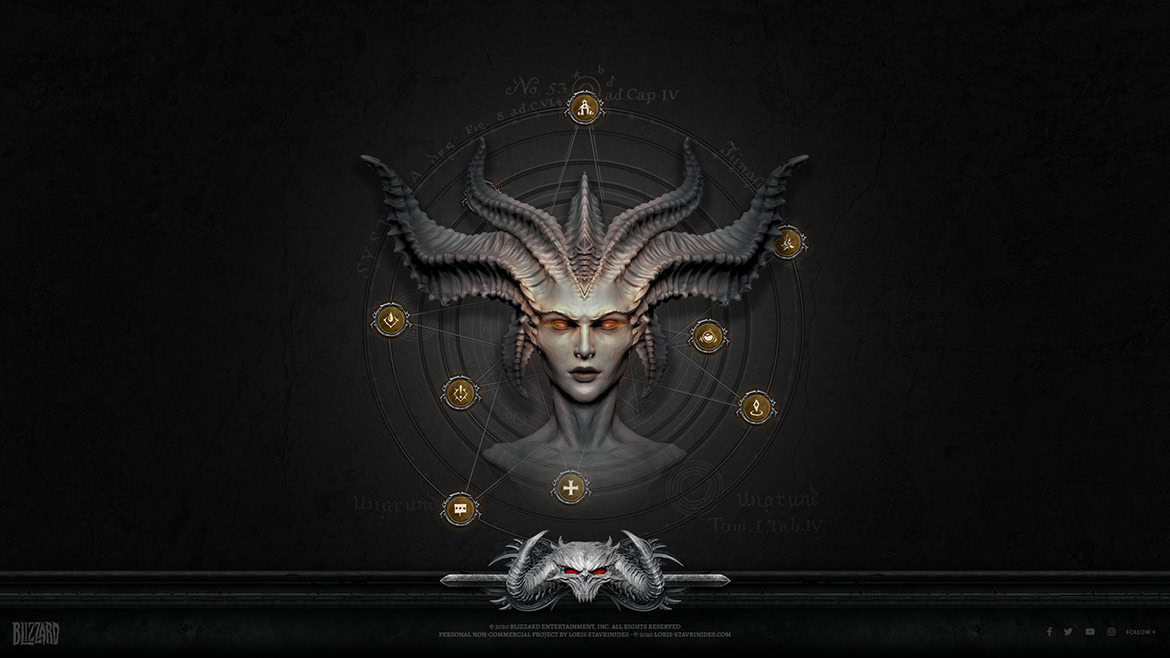Digital illustration of a woman with horned headgear and a robotic creature below, set against a dark background.