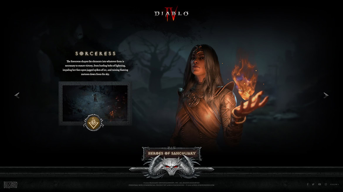 A woman with long hair and armor holds a fiery spell in a dark, mystical forest setting.