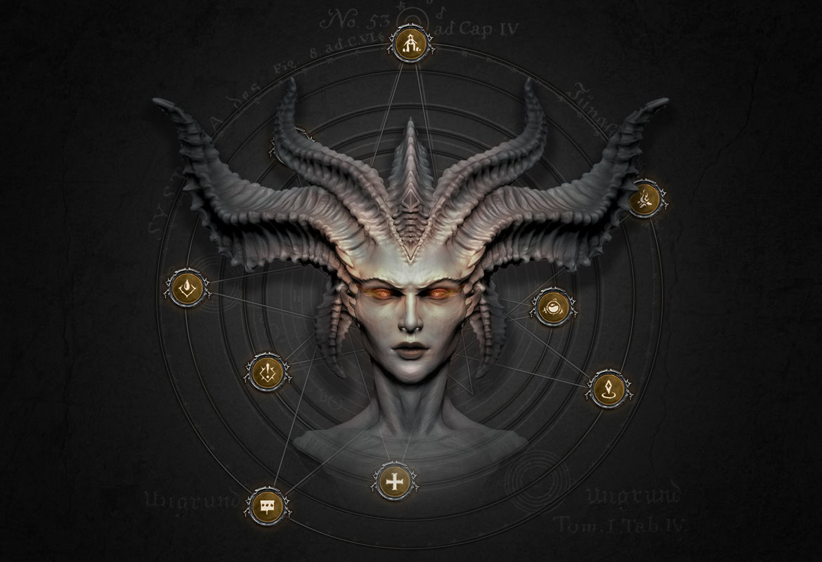 Illustration of a female figure with large, twisted horns and a dark, mystical background.