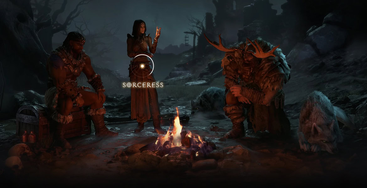A group of three fantasy characters around a campfire in a dark, forested setting with mist and trees in the background.
