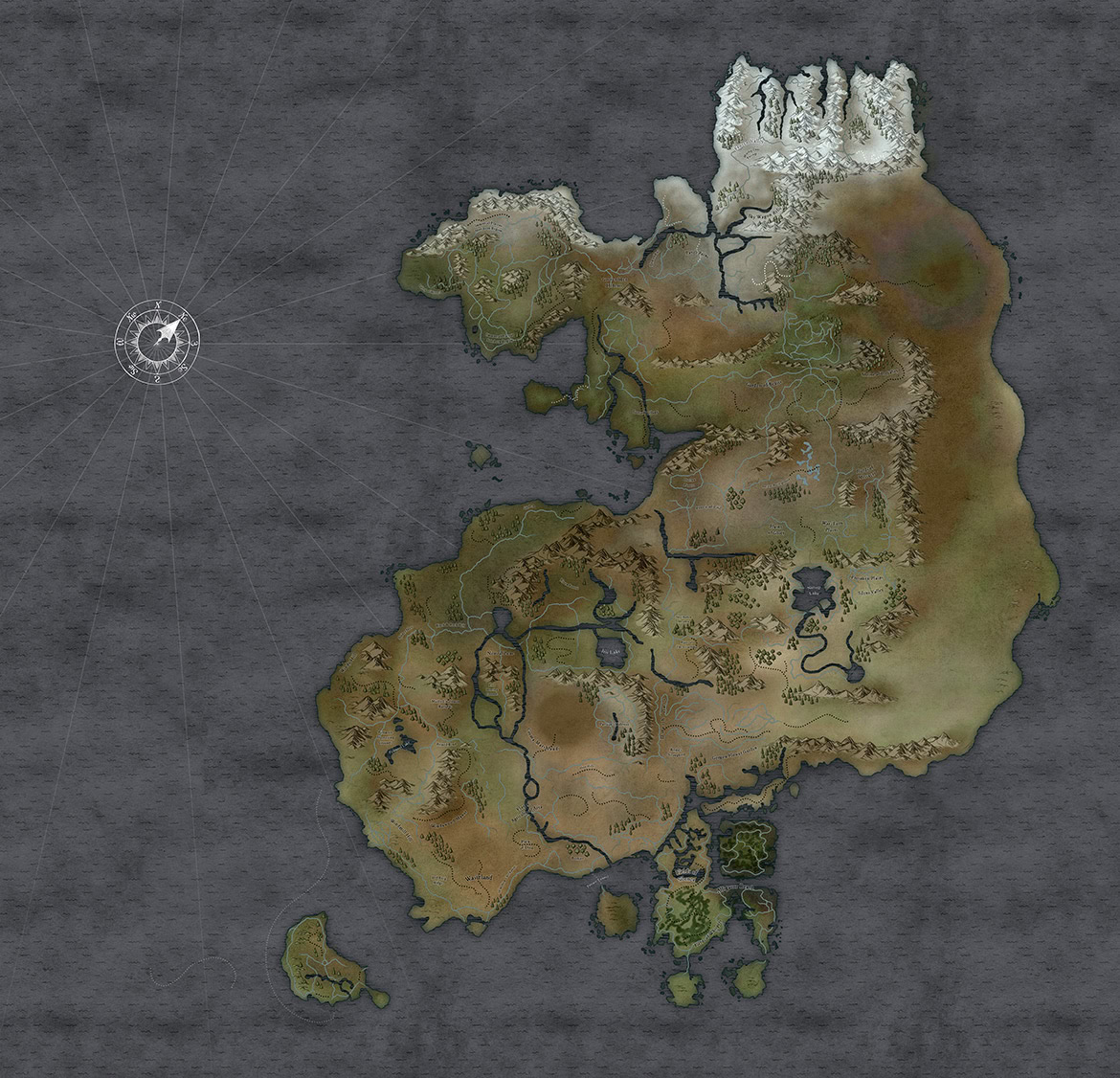 A detailed map of a fantasy land with mountains, forests, rivers, and coastlines.