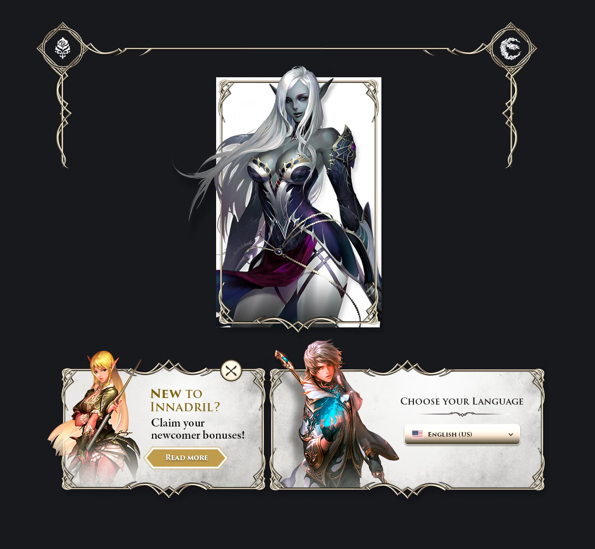 A fantasy-themed game interface featuring a central character with long white hair and dark armour, surrounded by options for new content and language selection.