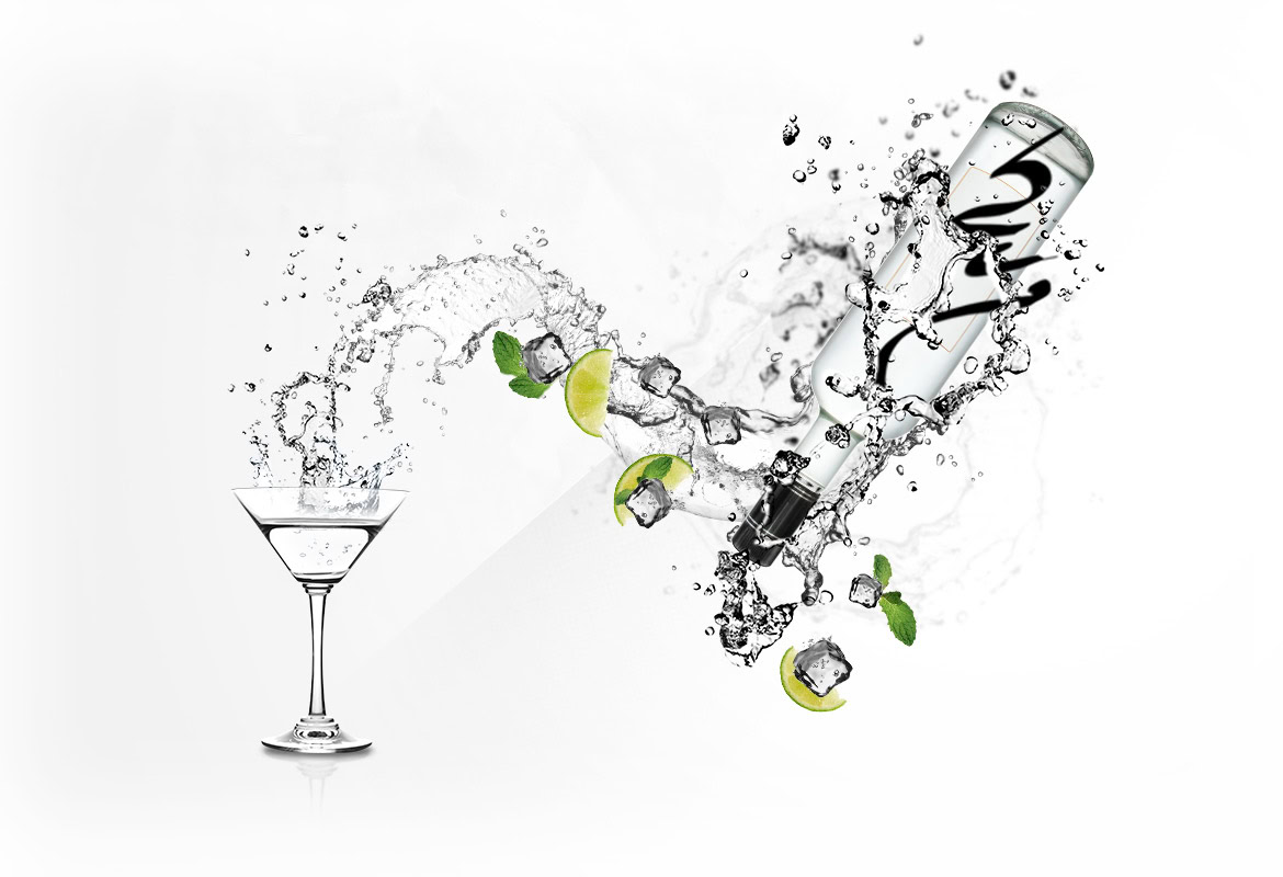 A cocktail glass and a shaker with ice, lemon slices, and mint leaves splashing water.
