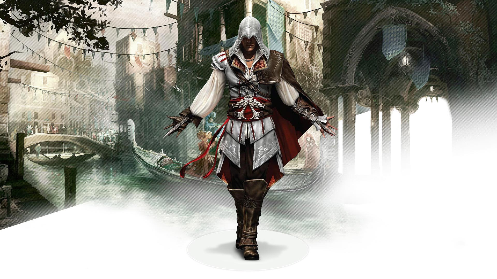 A man dressed as an assassin from the Assassin's Creed series walking through a foggy, historic city canal scene.