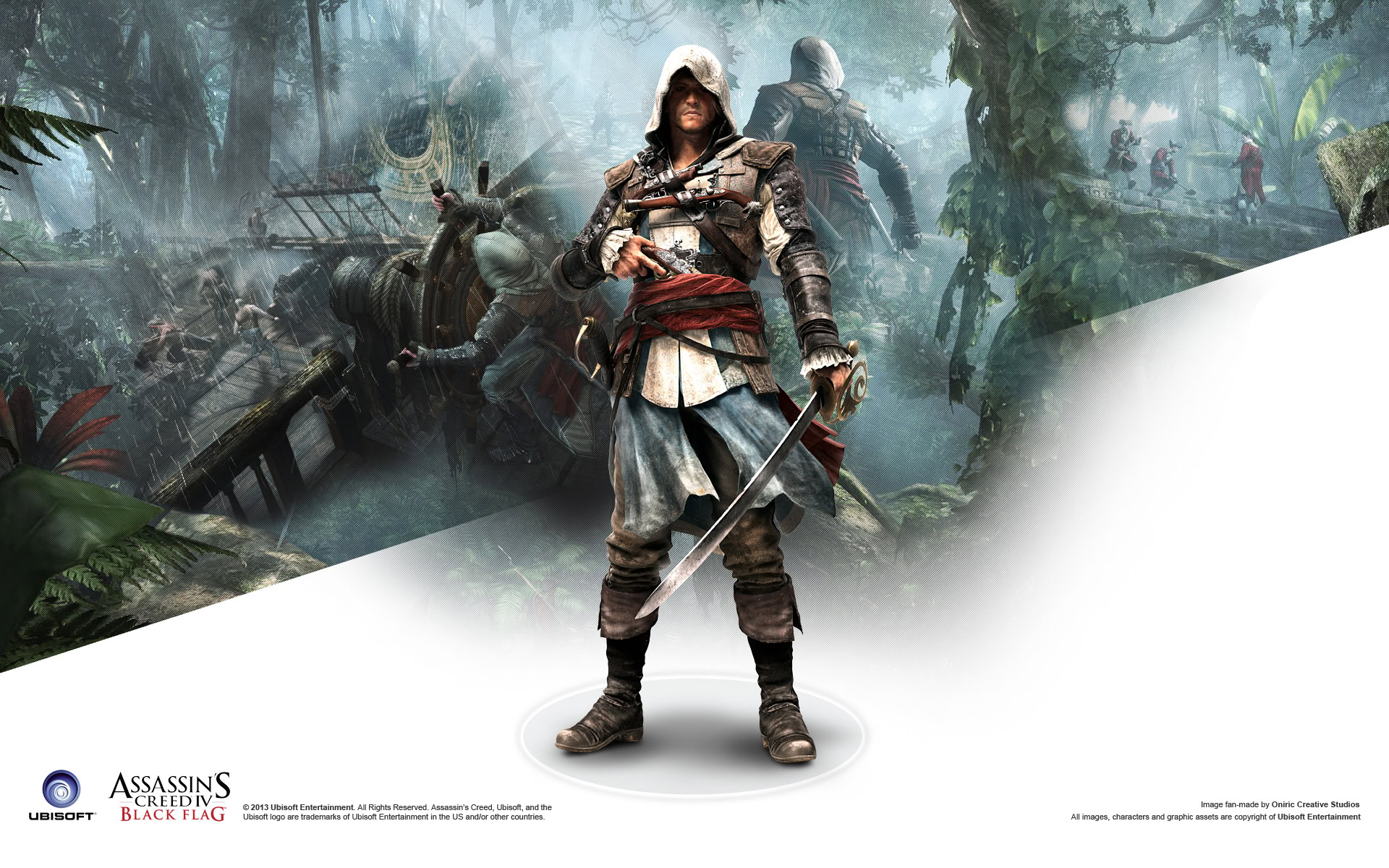 A female assassin character in a hooded cloak holding a sword in a jungle environment with soldiers in the background.