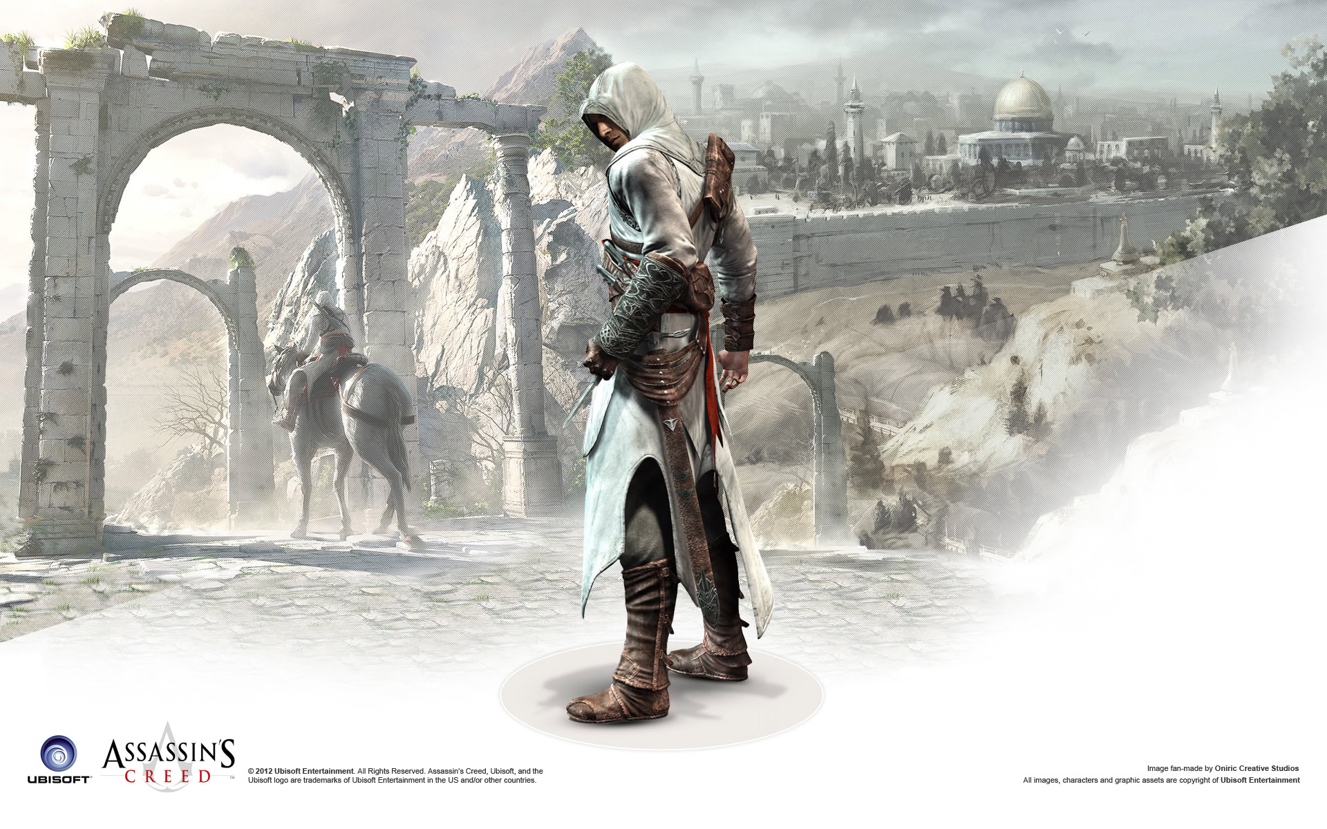 A lone assassin stands in a snowy landscape with ancient ruins and a distant city skyline.